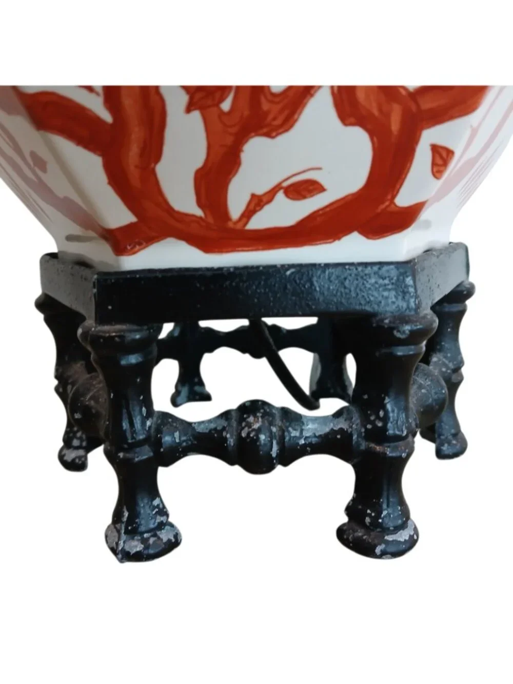 Chinoiserie Orange Blossom Porcelain Table Lamp Faux Bamboo Base 19.5
